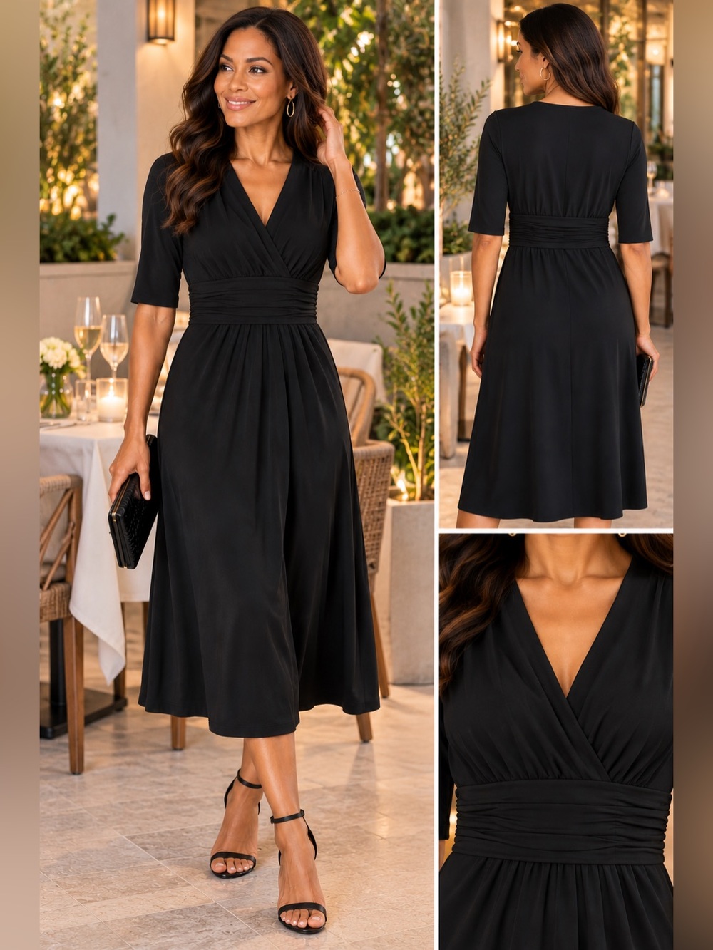 Kim Rogers Black Faux Wrap Ruched Waist Midi Dress